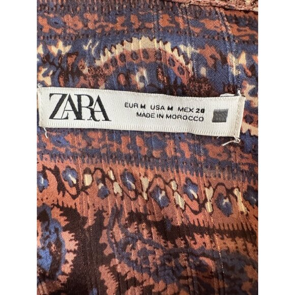 ZARA M Bohemian Brown Rust Blue Print Dolman Sleeve Button-Down Blouse - Picture 2 of 16
